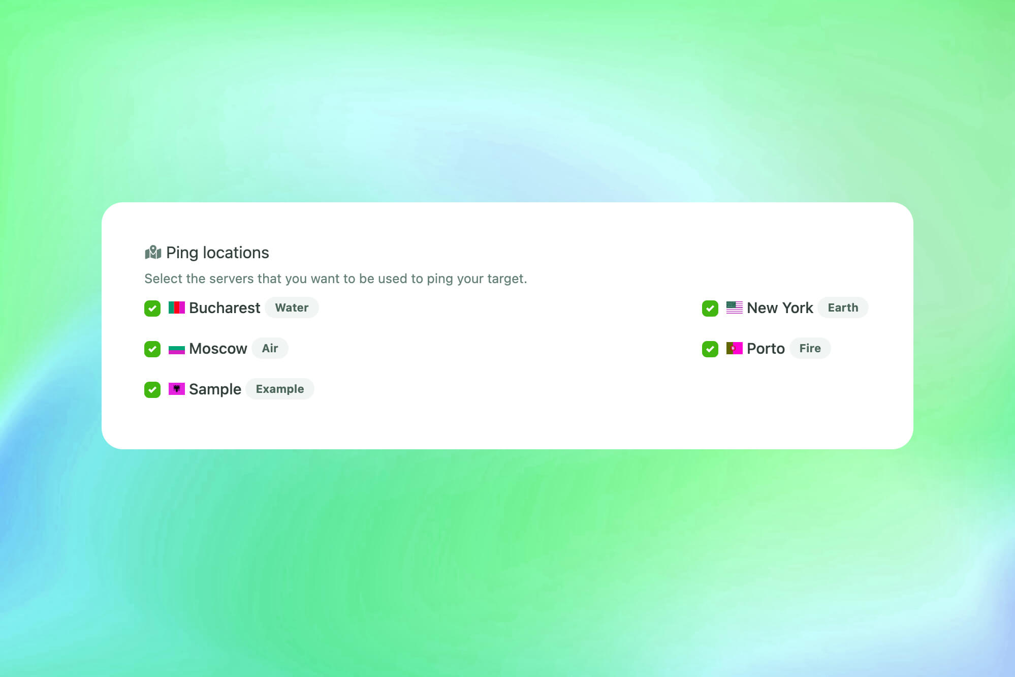 Captura de pantalla de la función de ping de servidores de la aplicación