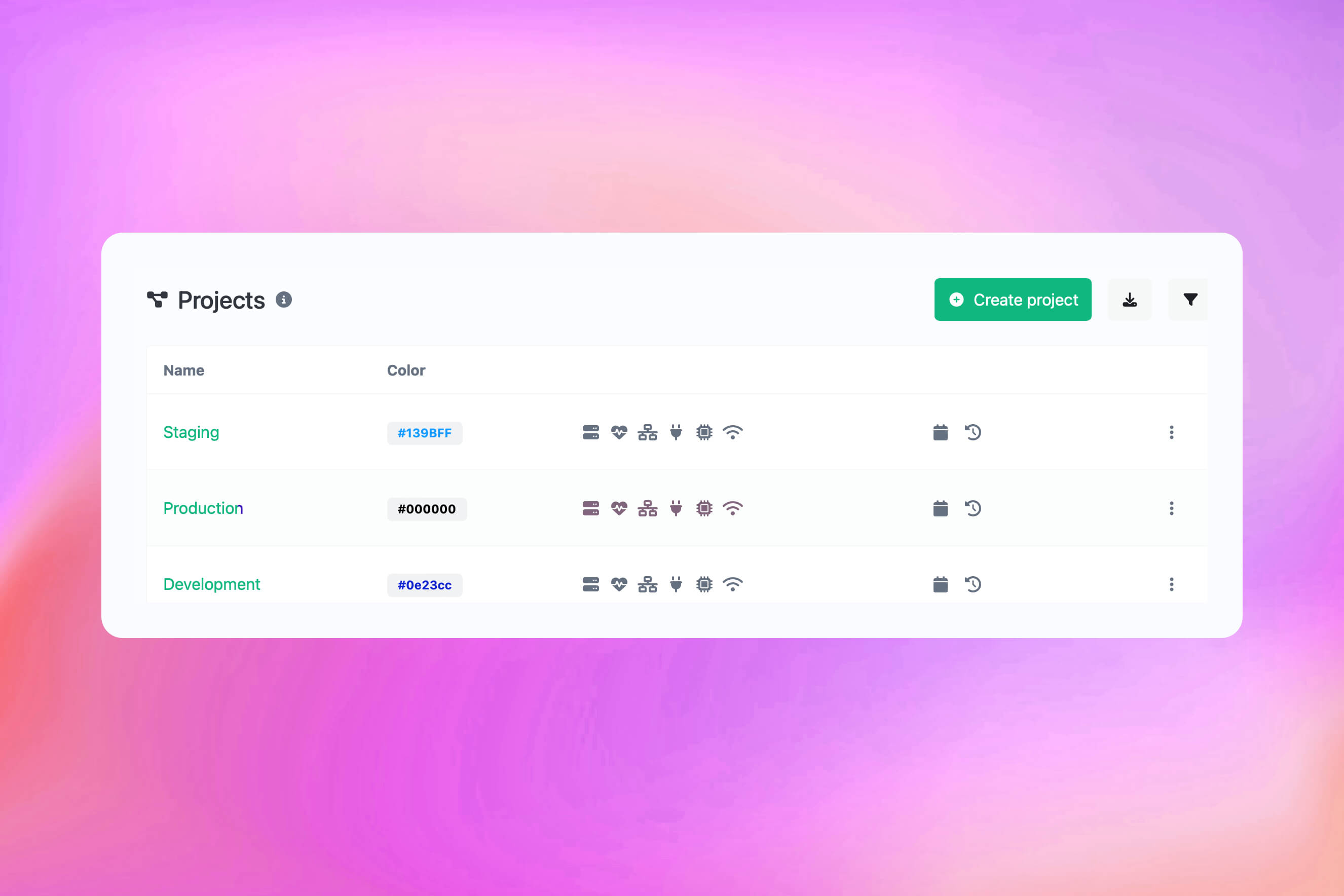 Captura de pantalla de la página de características de proyectos de la aplicación